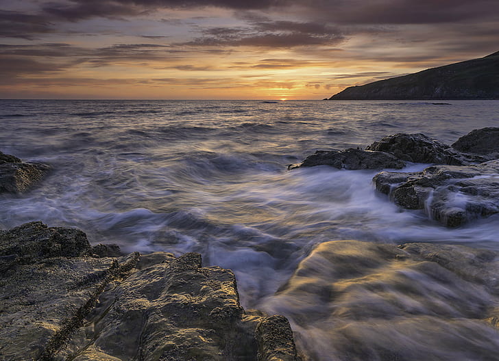 photo of sea waves and rock formation during golden hours, porth, porth, HD wallpaper