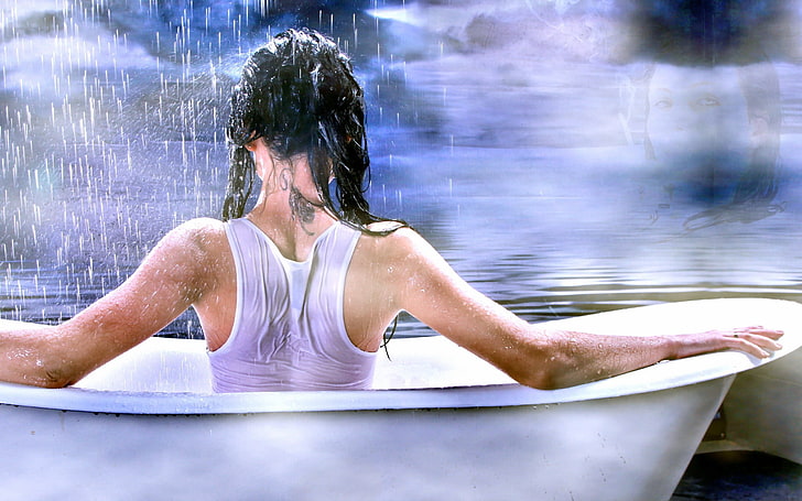 white ceramic bathtub, women, wet, tattoo, wet hair, wet body