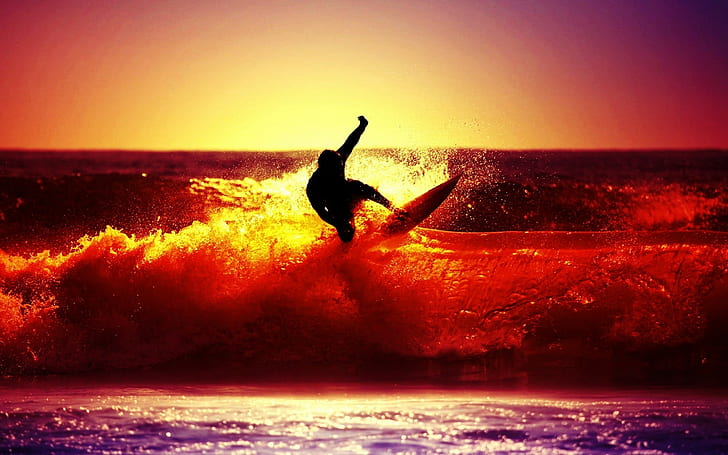 sunset, surfing, sea, HD wallpaper
