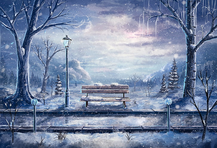 road, Sylar, snow, winter, artwork, bench, street light