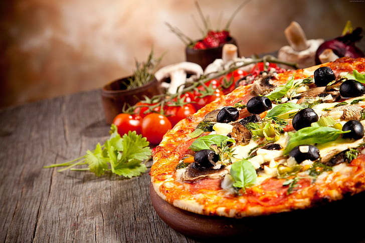cheese, olives, tomatoes, mushrooms, pizza, dough, garlic, olive oil, HD wallpaper