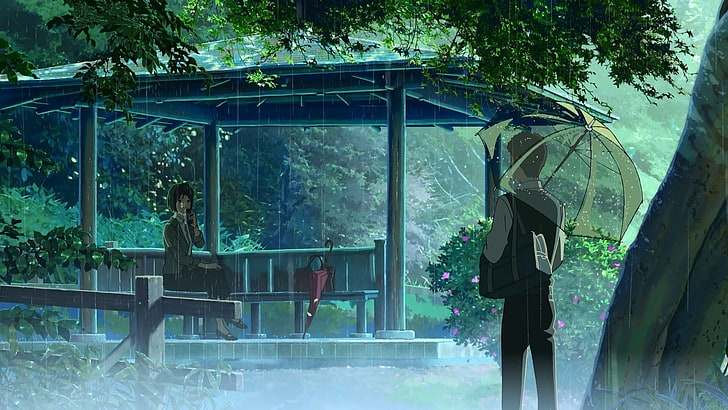 Akizuki Takao, rain, anime, Makoto Shinkai, gazebo, The Garden of Words