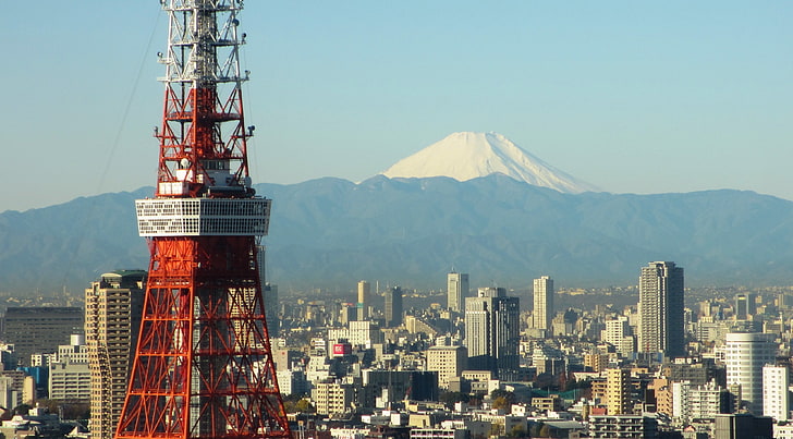 red and white tower, Japan, Tokyo, Tokyo Tower, Mount Fuji, architecture, HD wallpaper