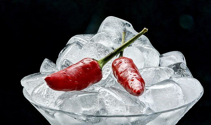 ice, food, chilli peppers, food and drink, black background, HD wallpaper
