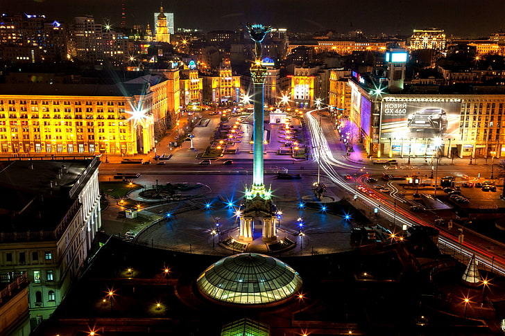 brown concrete city buildings, night, Ukraine, Kiev, Independence square