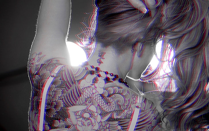 anaglyph 3D, women, monochrome, tattoo, back, one person, adult, HD wallpaper