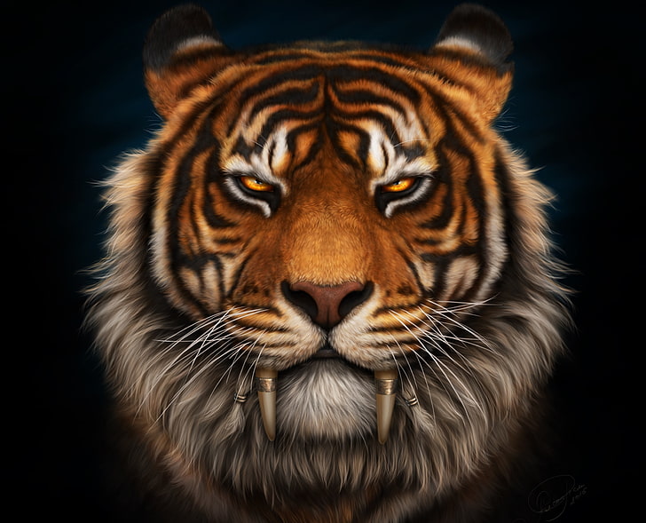 tiger painting, face, fangs, Sabretooth, one animal, animal themes