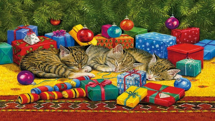 Christmas Cat Nap, 3 brown tabby cats, decorations, presents