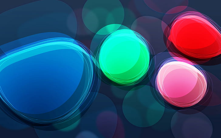 abstract, glowing, circle, shapes, blue, green, red, pink, HD wallpaper