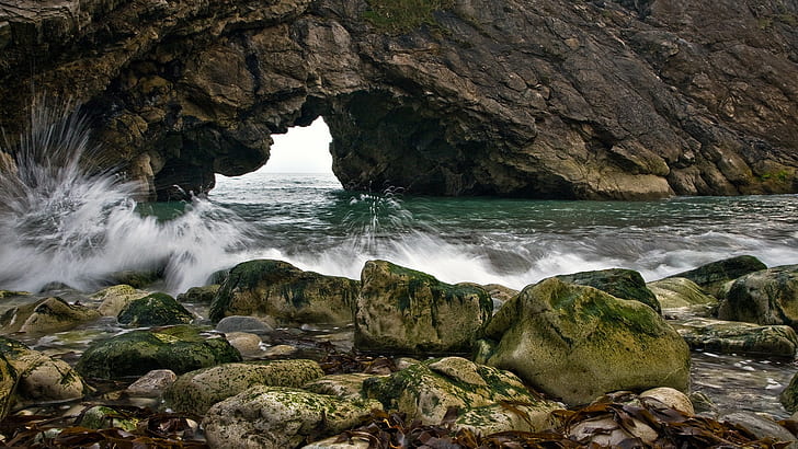 nature, sea, water, water drops, waves, rock, stones, HD wallpaper