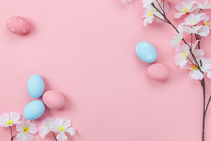 flowers, background, pink, eggs, spring, Easter, wood, blossom