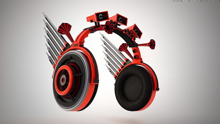 red and black headpones, headphones, 3D, render, digital art