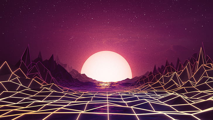 Sunset, The sun, Music, Space, Star, Background, Neon, 80's, HD wallpaper