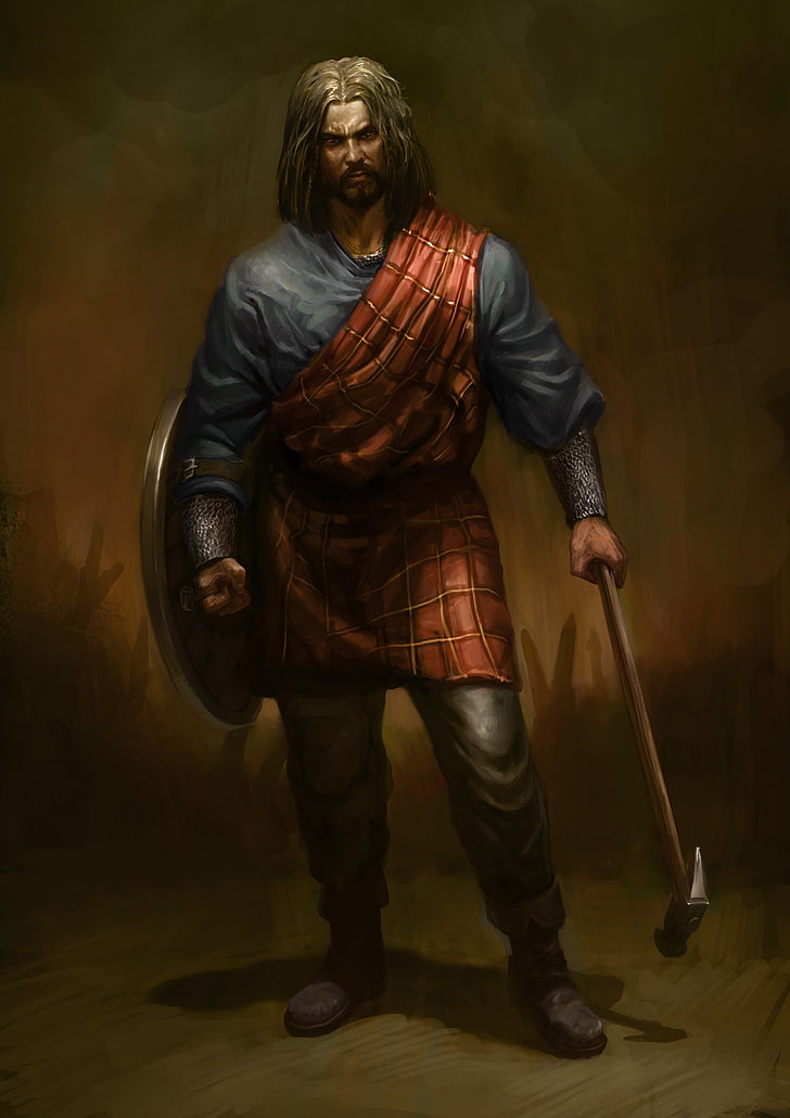 man holding axe and shield painting, ancient, warrior, fantasy art