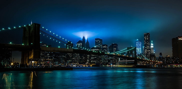 Brooklyn Bridge, New York, city, night, lights, river, urban Skyline
