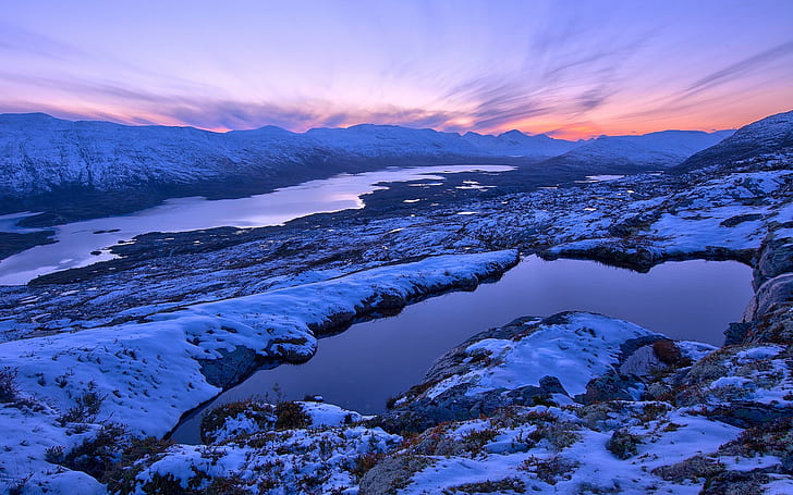 Norway winter scenery, mountains, sunset, snow