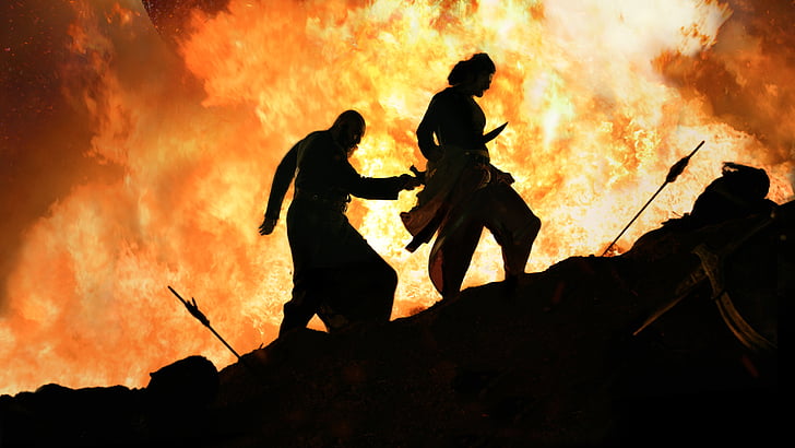 two silhouette of men near fire, Baahubali 2: The Conclusion