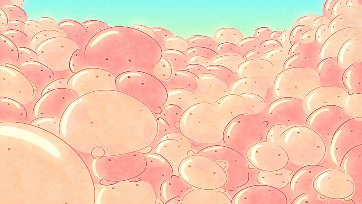 pink cartoon characters, bubbles, Poring, pink color, no people