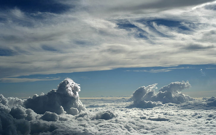 blue sky, digital art, animals, lion, clouds, horizon, artwork, HD wallpaper