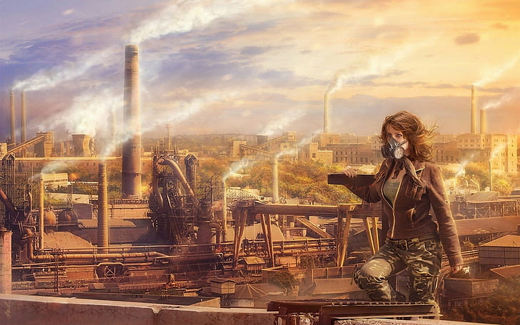 artwork, gas masks, industrial, futuristic, women, pollution