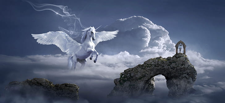 archway, tales, mystical, fantasy, horse, pegasus, fairy, HD wallpaper