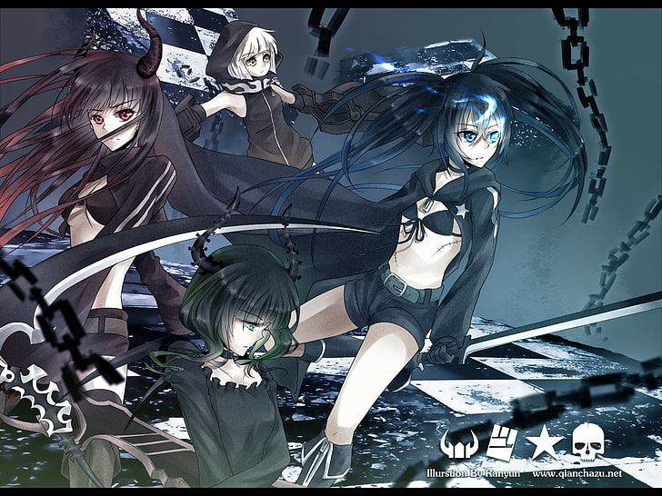 anime, black, blue, chains, dead, eyes, girls, gold, green, HD wallpaper