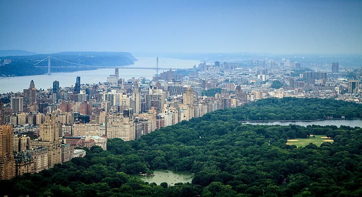 city, USA, United States, river, skyline, trees, bridge, New York