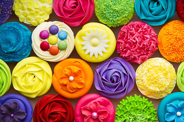 assorted cupcakes, colorful, dessert, sweet, multi Colored, yellow, HD wallpaper
