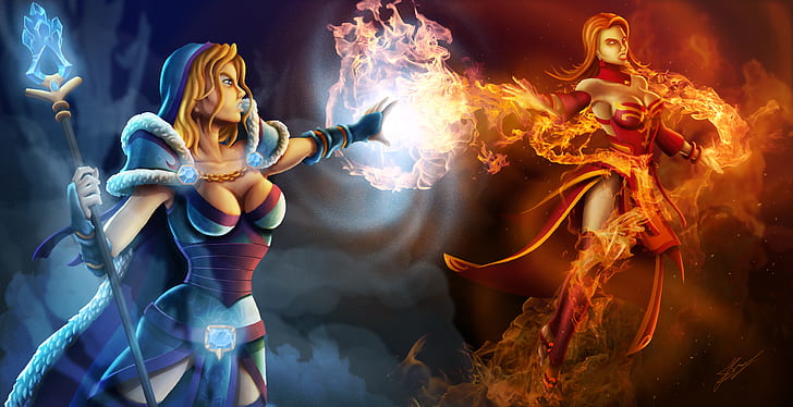 Dota 2 Crystal Maiden vs Lina Artwork, games, HD wallpaper