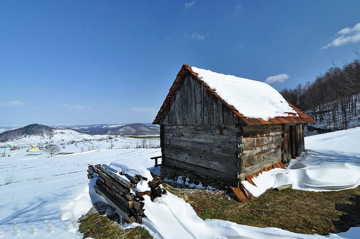 cabin, barns, snow, cold temperature, winter, mountain, architecture, HD wallpaper