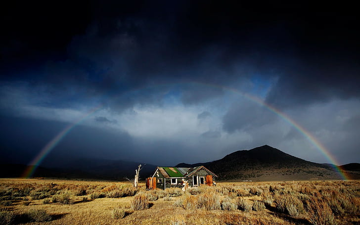 Abandon Deserted House Rainbow Desert Clouds Urban Decay HD, nature