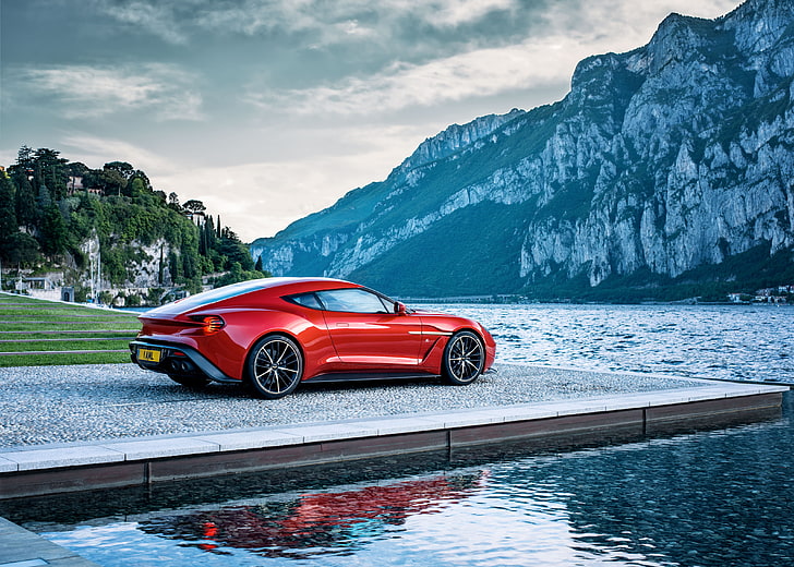 red coupe, aston martin, vanquish, side view, mountain, lake