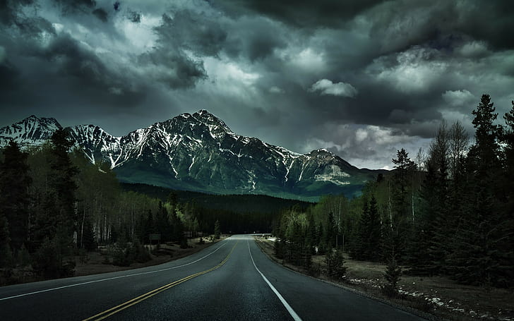 landscape, snowy peak, lines, hills, dark, road, forest, road sign, HD wallpaper