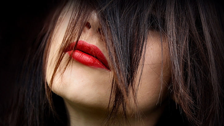 close view of woman wearing red lipstick and hair covering face, HD wallpaper