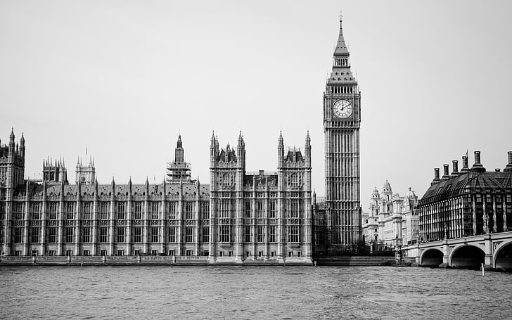 Big Ben, monochrome, London, Westminster, River Thames, bridge, HD wallpaper