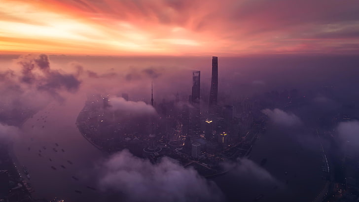 morning, shanghai, china, dawn, sunrise, asia, aerial view, HD wallpaper