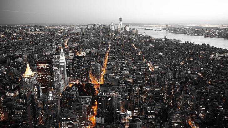 high-rise buildings, New York City, selective coloring, cityscape, HD wallpaper