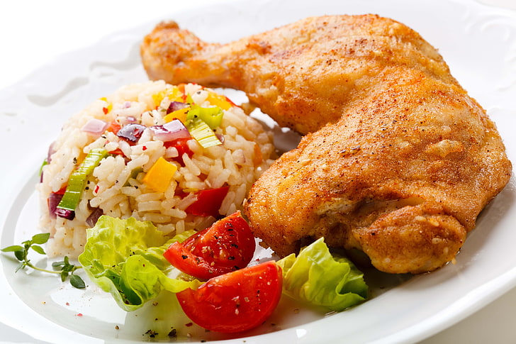 fried rice and chicken, stalk, meat, greens, food, plate, meal, HD wallpaper