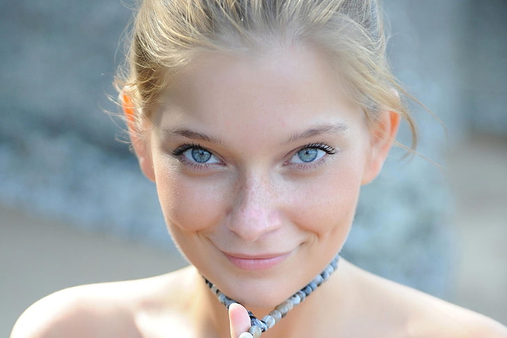 closeup photo of woman's face, women, blonde, blue eyes, looking at viewer