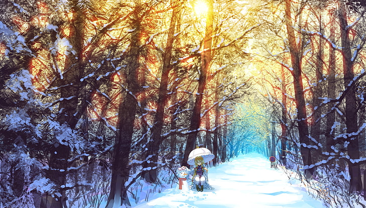 Yakumo Yukari, Touhou, snow, winter, umbrella, trees, anime girls, HD wallpaper