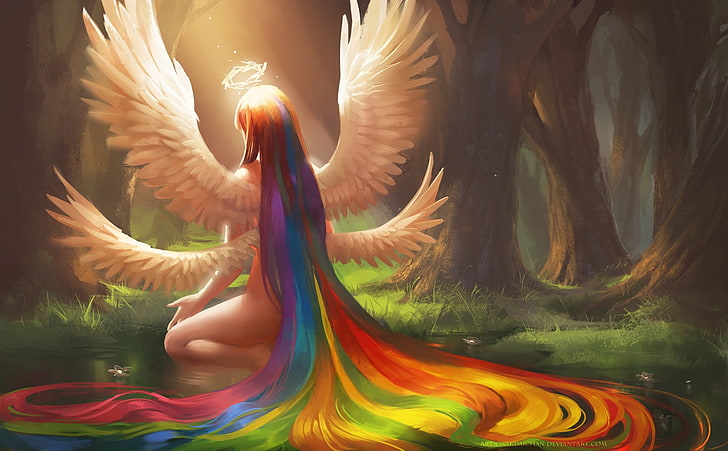 multi-colored haired of angel painting, wings, trees, water, forest