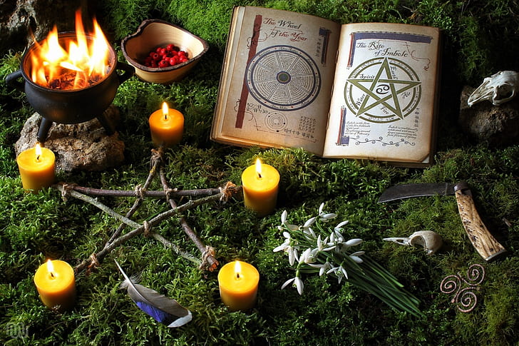 fire, skull, moss, candles, feathers, snowdrops, knife, book