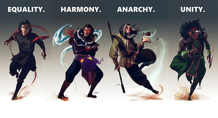 photo displays quality, harmony, anarchy and unity characters artwork
