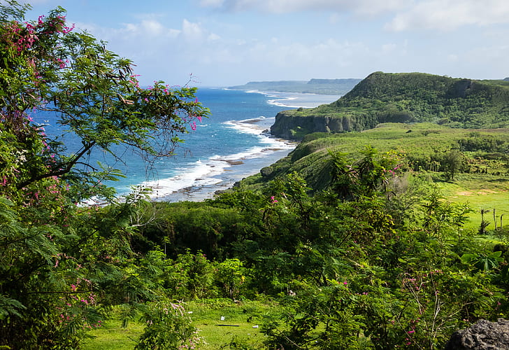green terrain near sea, Island, Coast, Canon PowerShot S110, Day, HD wallpaper