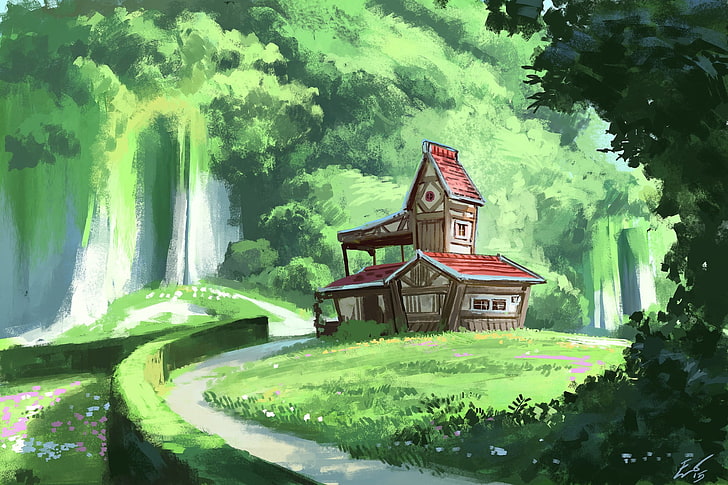 red and brown wooden house in midst of green trees, artwork, digital art