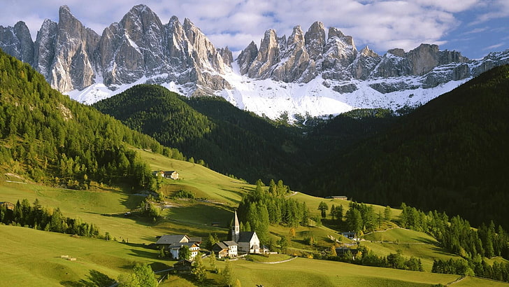 The town of Santa Maddalena, Funes, Italy, mountain, beauty in nature, HD wallpaper
