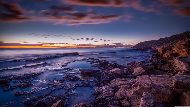 brown coastal rocks, landscape, sunset, water, sky, beauty in nature, HD wallpaper