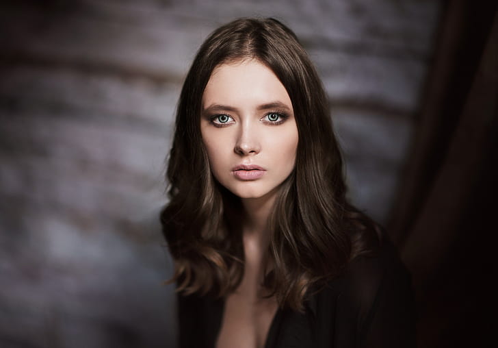 Disha Shemetova, green eyes, portrait, pink lipstick, Maxim Maximov, HD wallpaper