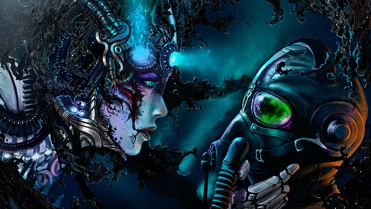Vitaly S Alexius, robot, women, cyborg, gas masks, fantasy art
