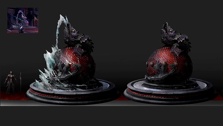 two black-and-red ceramic monster figurines, video games, concept art